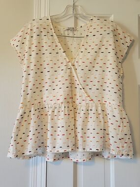 Madewell White Peplum Wrap Top with Multicolor Dot Stitching